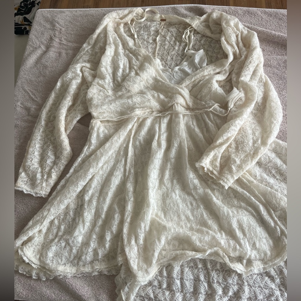 - Free people cream lace mini dress with plunge neck